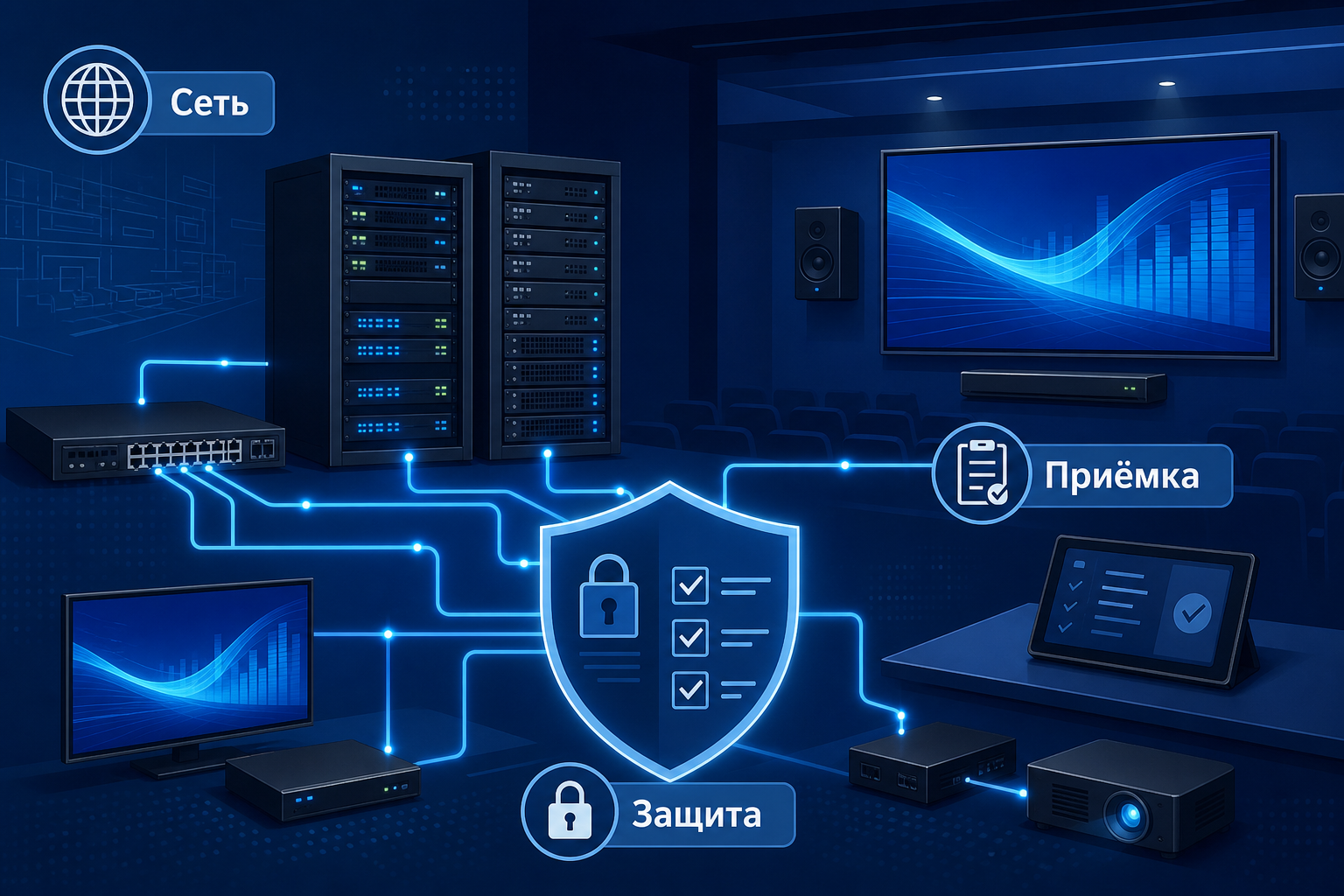 Иллюстрация: сетевой AV-тракт, приёмка и защита контента
